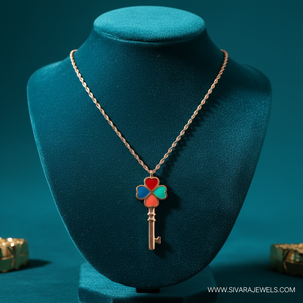 Rose Gold Chain with Colorful Enamel Key on Teal Velvet