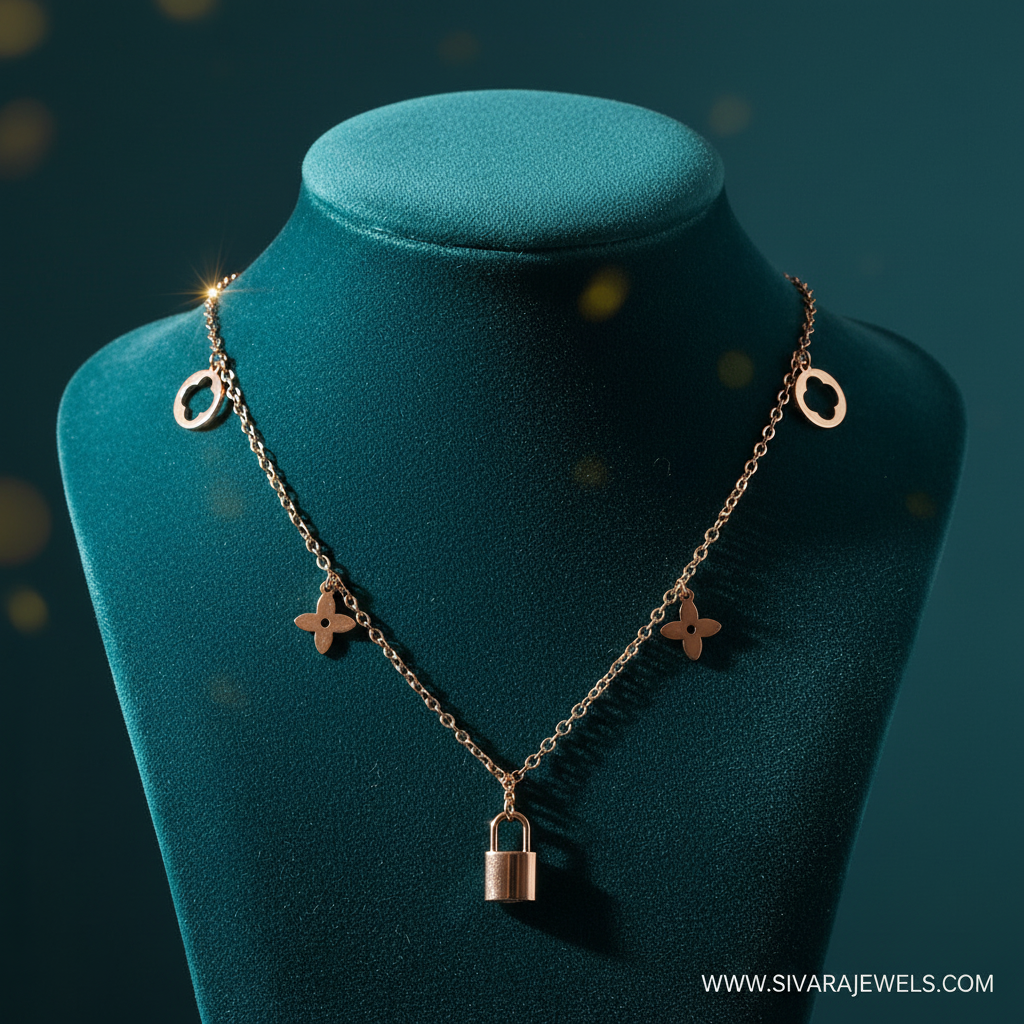 Rose Gold Clover and Padlock Necklace on Teal Velvet