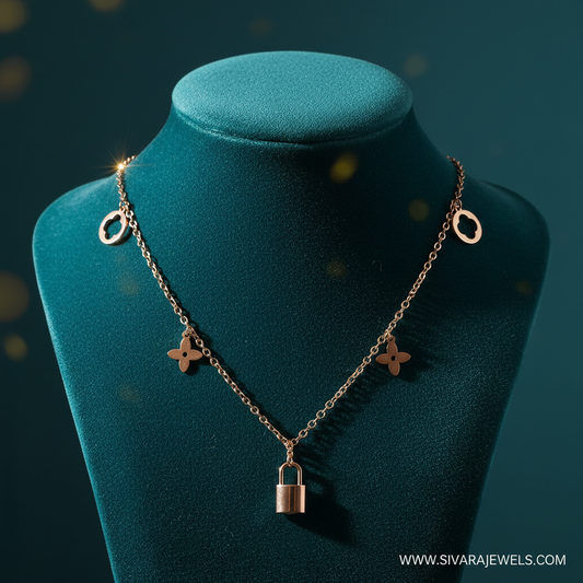 Rose Gold Clover and Padlock Necklace on Teal Velvet
