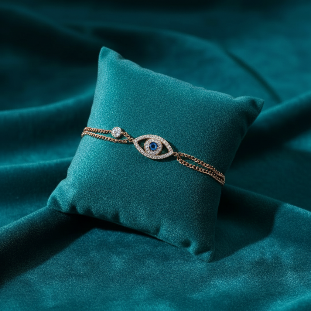 Rose gold diamond evil eye and pearl bracelet on slanted square teal cushion