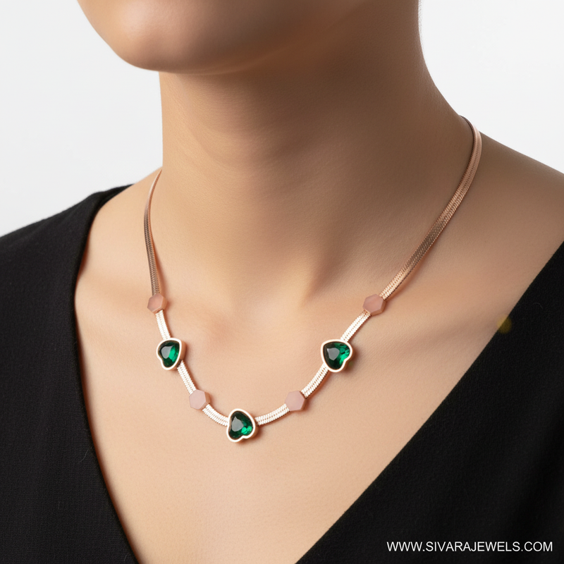 Rose Gold Herringbone with Green Hearts on Slender Neck