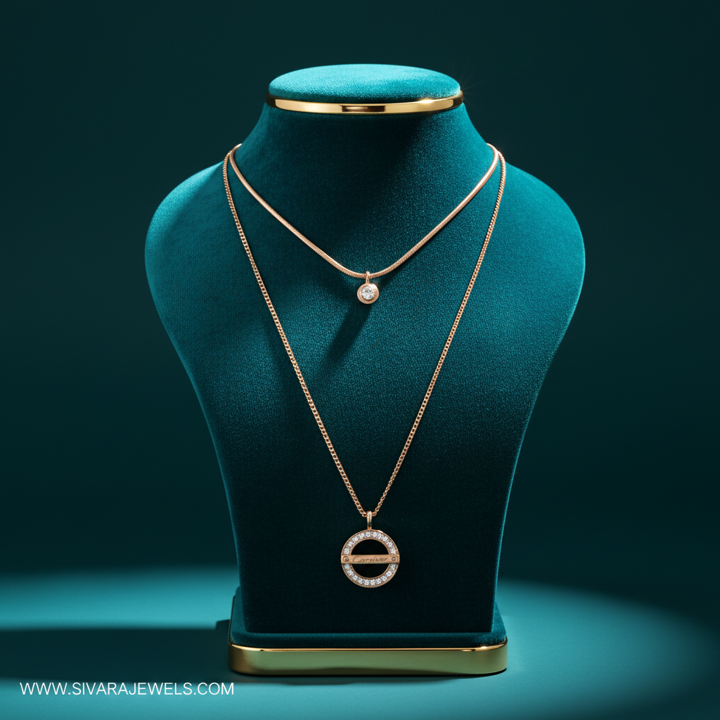 Rose Gold Layered Necklaces on Teal Display