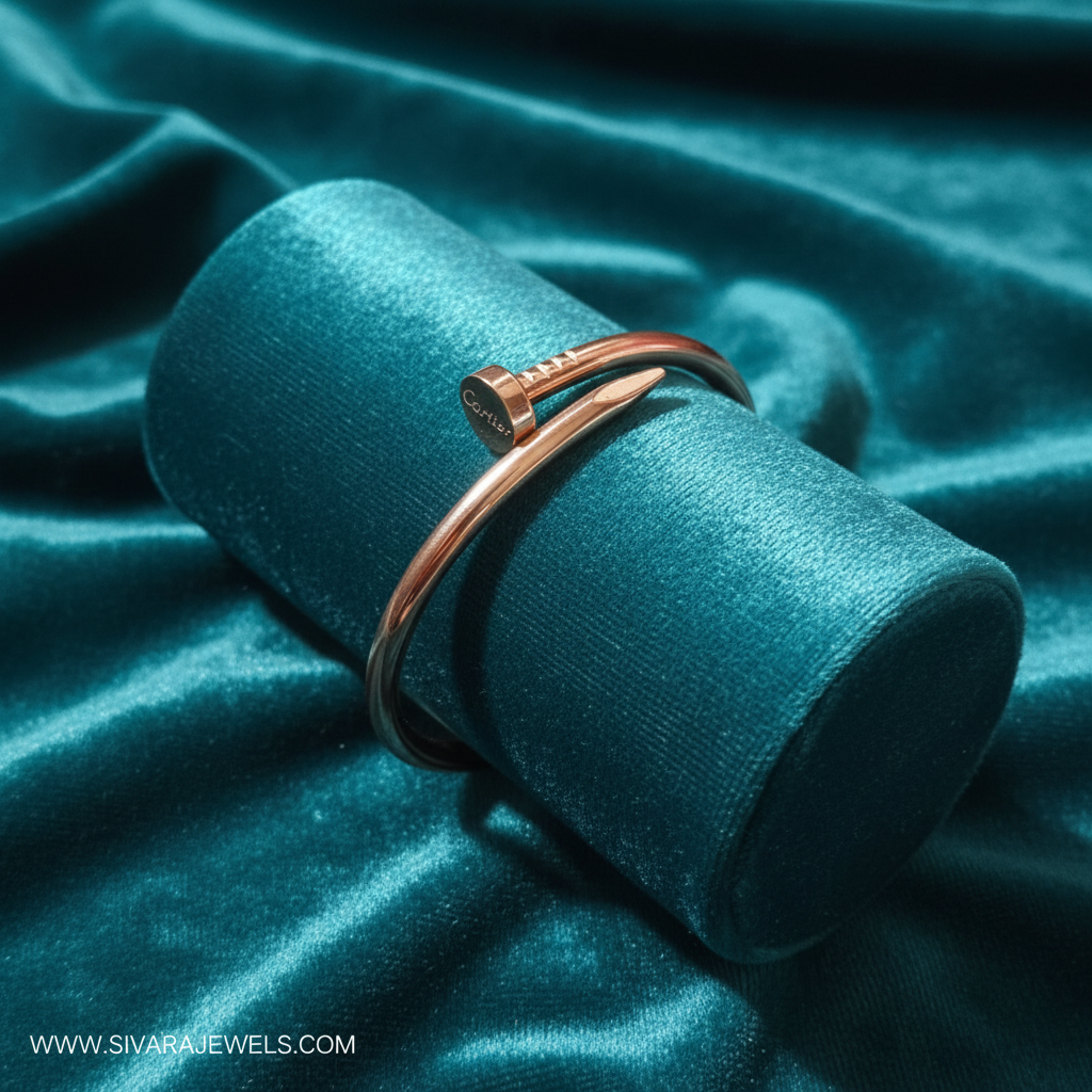 Rose gold modern disc bracelet on teal jewelry cushion with teal background
