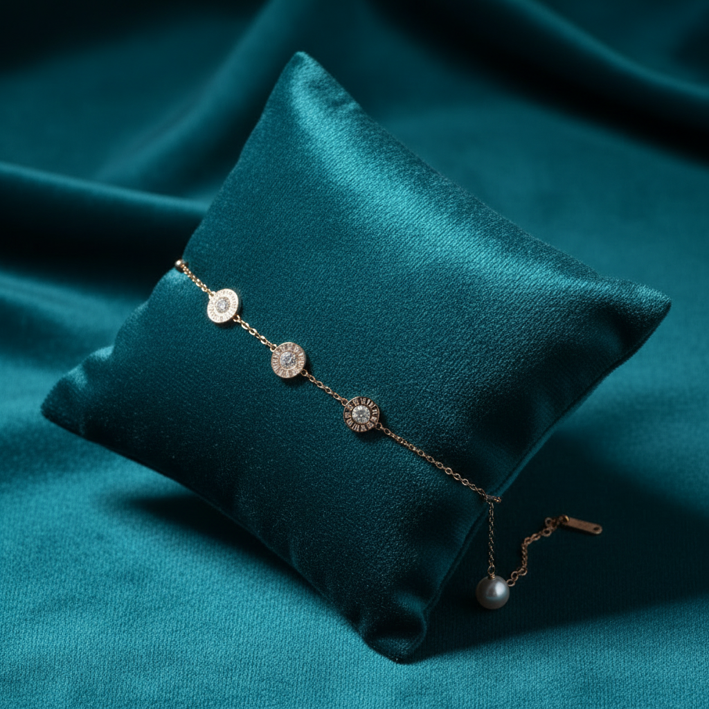 Rose gold three Roman numeral medallions and pearl bracelet on slanted square teal cushion