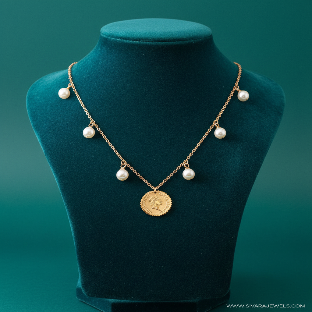 Shell Disc Charm Necklace on Teal Velvet