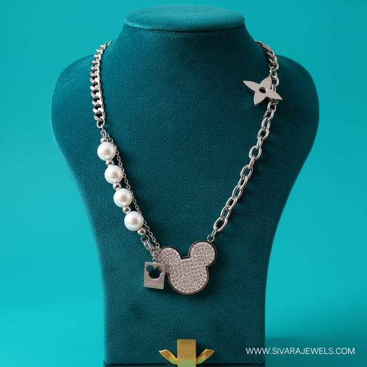 Silver Asymmetric Mickey Mouse - Pearls Right on Teal Velvet with Solid Teal Background