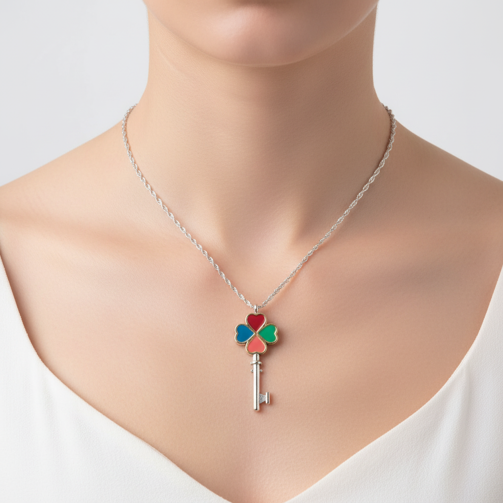 Silver Chain with Colorful Enamel Key on Slender Neck