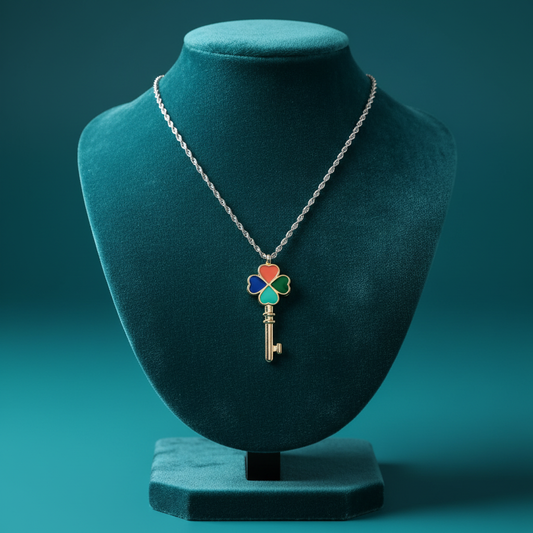 Silver Chain with Colorful Enamel Key on Teal Velvet