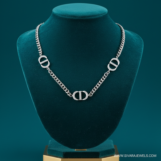 Silver Chain with Diamond Toggle Circles on Teal Velvet