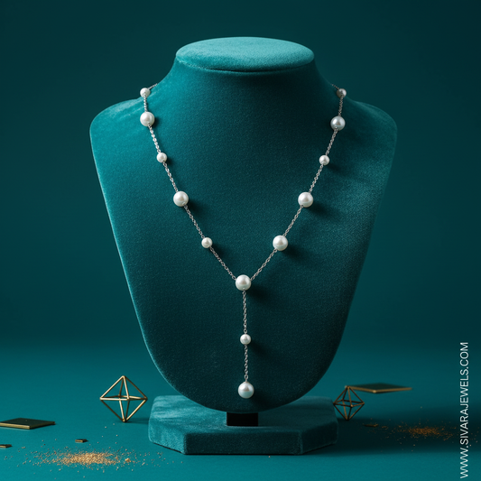 Silver Chain with Pearl Stations on Teal Velvet
