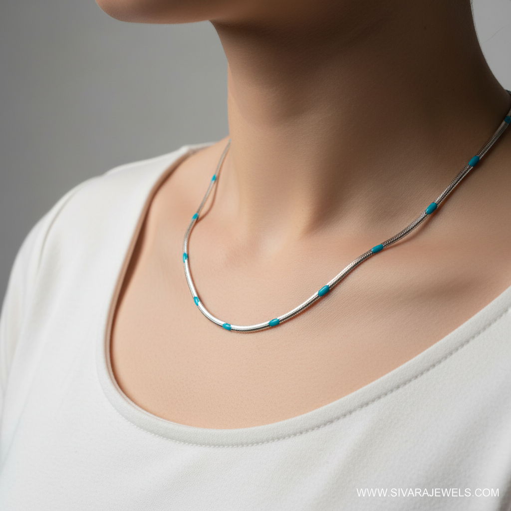 Silver Snake Chain with Turquoise Beads on Slender Neck