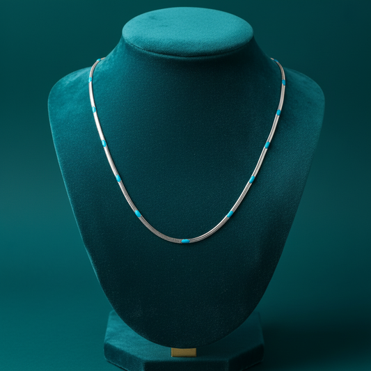Silver Snake Chain with Turquoise Beads on Teal Velvet