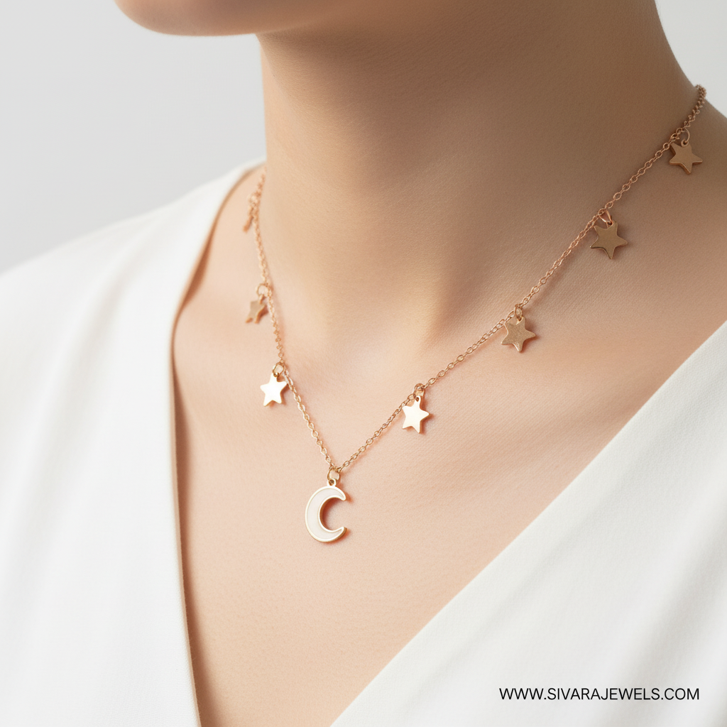 Single Layer Stars and Moon Necklace on Slender Neck