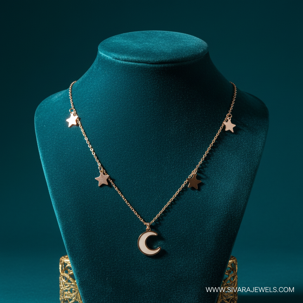 Single Layer Stars and Moon Necklace on Teal Velvet