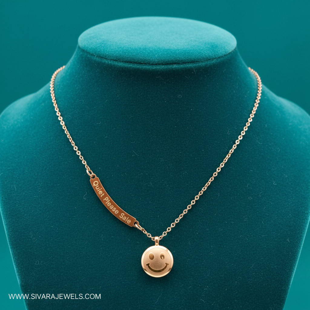 Smiley Face and Bar Charm Necklace on Teal Velvet
