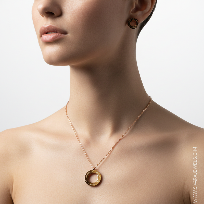 Tiger's Eye Hollow Ring Necklace and Tiny Earring Set on Neck and Ears