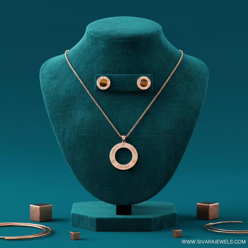 Tiger's Eye Hollow Ring Necklace and Tiny Earring Set on Teal Velvet