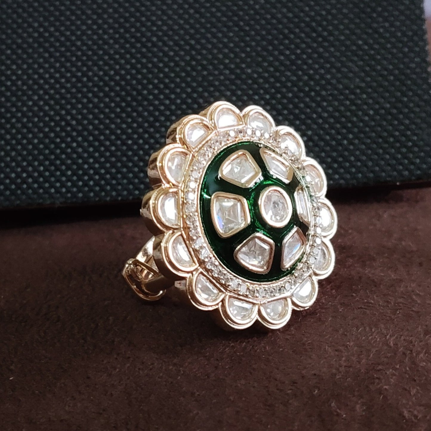 SIVARA Rajwada Emerald Radiance Ring | Mirror Cut Floral Kundan | Adjustable Statement Jewelry
