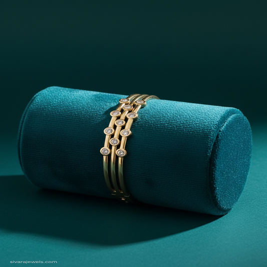 Triple-band diamond bracelet on teal jewelry cushion with teal background
